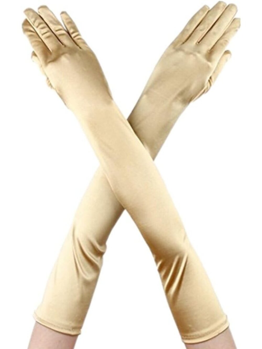 Women Champagne Finger Mittens Over Elbow Long Classic Evening Satin Opera Glove